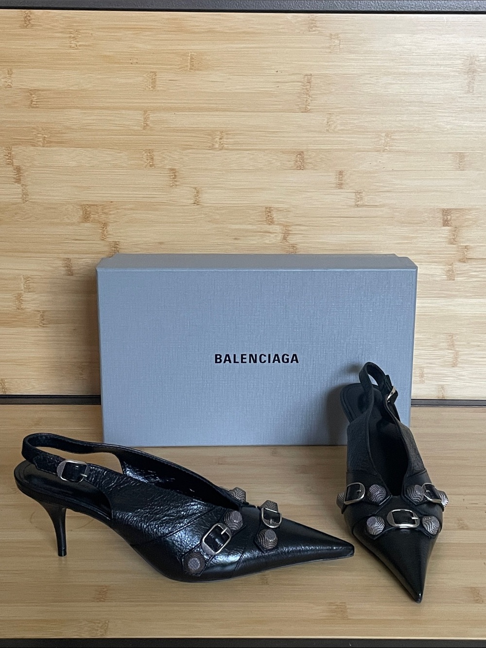 Balenciaga Black Pointed Slingback Heels with Silver Buckle Accents - Picture 5 of 13